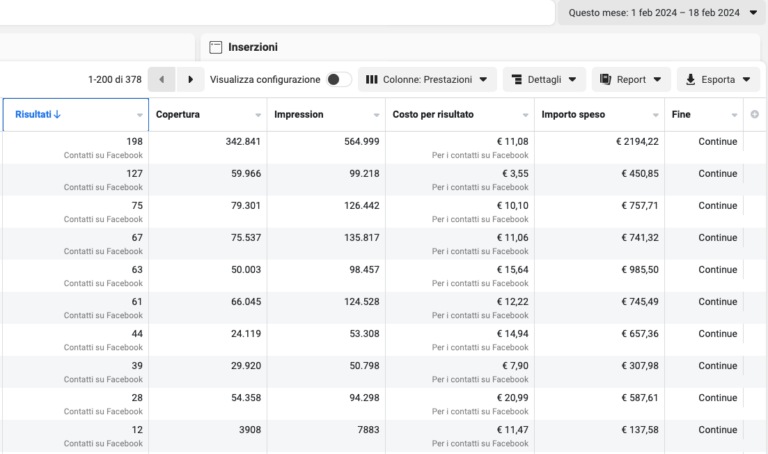 7565,62€ di spesa, 714 lead 10,60€ per lead 1-18 febbraio 2024